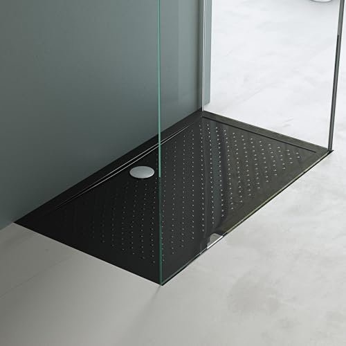 Mai & Mai Plato de Ducha 80x140x4 cm Antideslizante – Acrílico Negro, Rectangular, Conexión DIN Estándar, Instalación a Ras de Suelo o en Sobresuelo, Lucia02