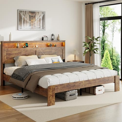 PAUKIN King Size Wooden Bed Frame with Headboard, Rustic Farmhouse Wooden Bedframe with LED Lights and Charging Station, Easy Assembly, No Box Spring Needed (Rustic Brown, King)