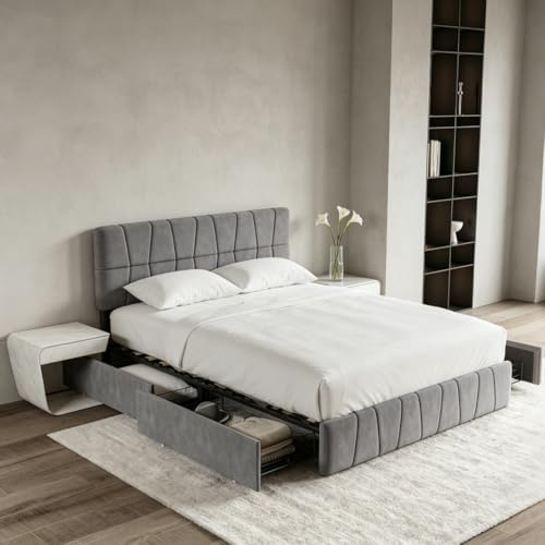 WOBOPCG Letto Imbottito 160x200,Letto Matrimoniale con 4 Cassetti letto Matrimoniale Imbottito con contenitore Letti con Usb e Luce Led Letti Contenitore (grigio, velluto B, 160 x 200 cm)