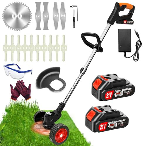 Desbrozadora inalámbrica de 21 V, desbrozadora de jardín ligera con 2 baterías y 3 cuchillas tipo y ruedas extraíbles, desbrozadora eléctrica de altura ajustable para jardines y césped