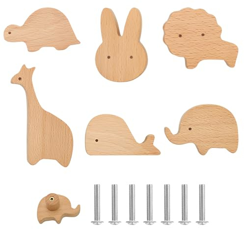 KQDRAVINE Lot de 6 boutons d'armoire en bois pour chambre d'enfant - Éléphant - Avec vis - Poignées de tiroir