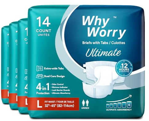 WhyWorry Ultimate Adult Nappies for Men and Women, Large, 56 Count | Disposable Adult Diapers with Ultimate Absorbency, Incontinence Slips, Overnight Protection, Odor Control, Unisex