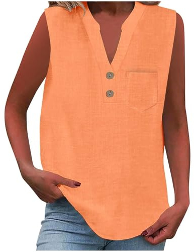 Vest Tops Women UK Summer Cotton Linen Sleeveless T-Shirt Loose Fit Button V Neck Tunic Tops Lounge Baggy Solid Plain Dressy Casual Shirts Trendy Blouses Ladies Tank Tops