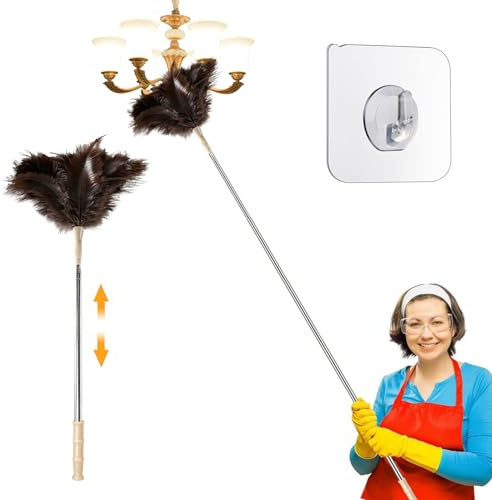 TTYSHIP® Spolverino Telescopico con Piume di Struzzo, Lavabile Spolverino per Polvere Piume di Struzzo con Gancio per Superfici Alte e Strutture Sensibili(53cm a 130cm)