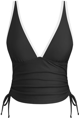 ZAFUL Tankini Tops for Women Cropped V Neck Swim Top Tummy Control Bathing Suit Top 2026 Drawstring Color Block Swimsuit Tops Only (Black, Large)