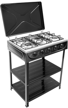 RjcdOPL - Cocina de gas con 5 luces independiente, placa de cocción independiente, quemadores de 2,5 kW, con 2 estantes de almacenamiento y tapa, para camping y cocina al aire libre (negro)