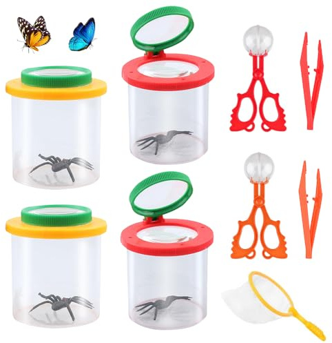 Nzkeuf 2 Piezas Caja de Lupa, Caja De Insectos,Insectos Lupa para Niños Educativos,con Red para Mariposas y Pinzas, Ideal para Actividades al Aire Libre, Ciencia y exploración de la Naturaleza