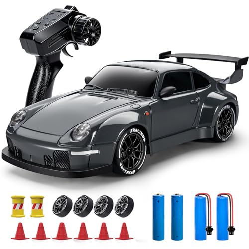 HANNVIW Voiture Télécommandée Drift pour Enfant, 1:24 25KM/H 4WD Voiture Télécommandée RC Drift Car pour Adulte Débutant, Gris