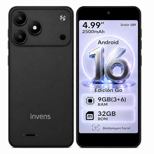 invens TK02 Telefonos Moviles Libres, 9(3+6) GB+32GB/128GB TF Teléfono Móvil, Android 16, 5'' HD+, 8MP+5MP Móvil, 2500mAh, Smartphone Triple 4G SIM GPS/OTG/3.5mm Jack Negro
