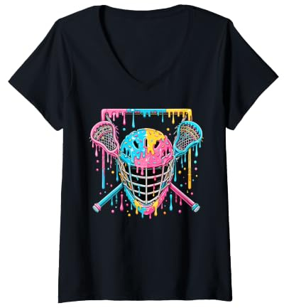 Women's Colorful Sprinkles Ice Cream Drip Lacrosse Helmet V-Neck T-Shirt