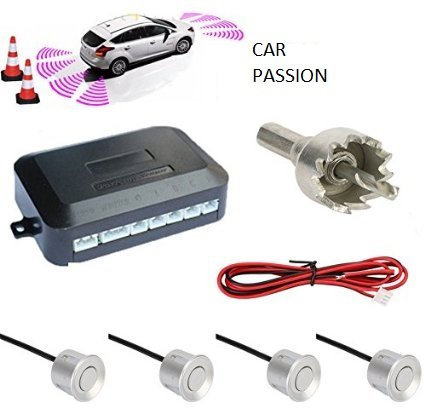CAR PASSION Kit Sensori di Parcheggio Auto Universali Verniciabili - 4 Sensori Posteriori con Cicalino, Facile da Installare, Manuale in Italiano - Adatti per Auto, Furgoni e Camper (Silver)
