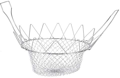 Panier à friture en grillage profond avec poignées Tension pliable pour le rinçage à la vapeur Filtre pour panier à frites Filet tressé pour pocher Bouillir Laver Outil de cuisson pour aliments frits