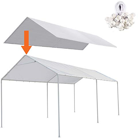 Thanaddo 10 x 20 Ft Carport Replacement Canopy Cover Garage Top Tent Shelter Tarp with Free 44 Ball Bungee Cords,White(Only Cover, Frame Not Include) (10x20 White)