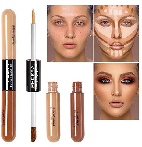 Doble cabeza 2 colores Corrector líquido Control de aceite Aclare el color de la piel Base líquida mate Corrector de cobertura total Maquillaje de reparación de contorno facial 102# almendra/luz