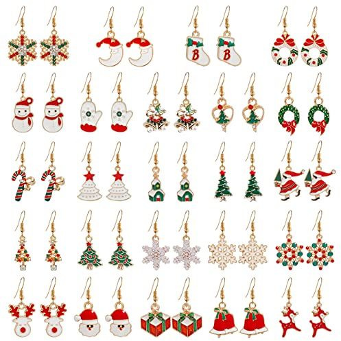 EBANKU 24 Paia Orecchini Natalizi, Pendenti Set Festa, Albero di Natale Cappello da Babbo Natale Renna Fiocco di Neve Campana (A)