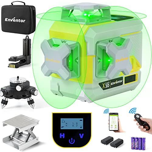 Kreuzlinienlaser Grün 3x360 Grad Selbstnivellierend 20M, ENVENTOR 3D 12 Linien Rotationslaser Bluetooth, 11 Zubehör-Set mit Fernbedienung, Hubbasis, 360° Rehbarem Stativ, für Lnnen und Außenumgebunge