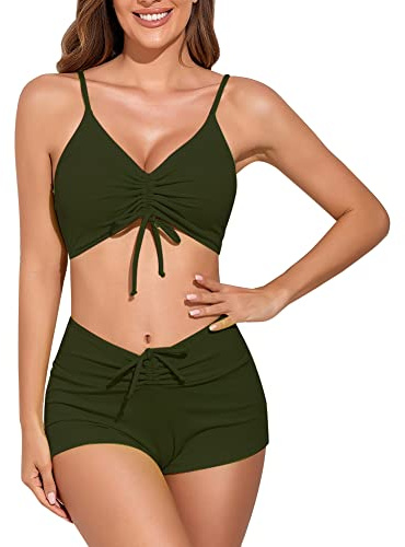 Meioro Traje de baño sólido para Mujer Conjuntos de Bikinis para Mujer Bikini Sets con cordón Ropa de Playa de Dos Piezas Swimwear de Cintura Alta(Verde Militar,XXL)