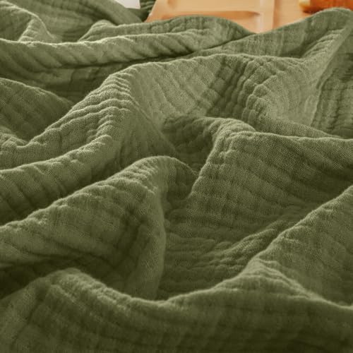 PHF 100% Cotton Muslin Blanket King Size 108x90, 4-Layer Lightweight Gauze Throw, Breathable Cloud-Soft Minimalist Blanket for Bed, Couch, Camping & Baby, Olive Green, Ideal Gift