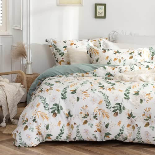 MILDLY Set di biancheria da letto 200 x 200 cm, cotone, motivo botanico, 100% cotone lavato, struttura in lino, OEKO-TEX, fiori tropicali, 3 pezzi (1 copripiumino + 2 federe)
