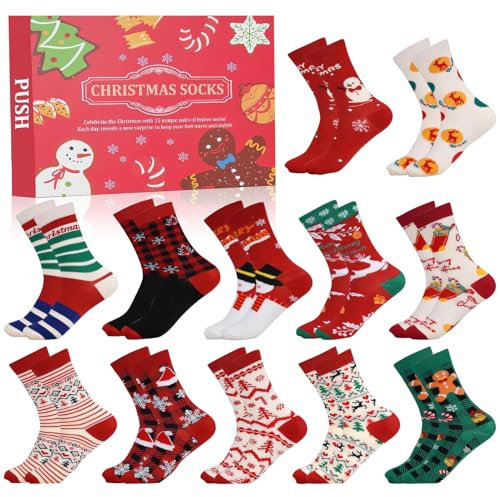 Adventskalender Socken Damen, Socken Adventskalender 2024 Weihnachtskalender Für Frauen, Socken Weihnachtskalender 2024 Für Herren, 12 Paare Weihnachten Socken Geschenke Für Frauen Männer (A)