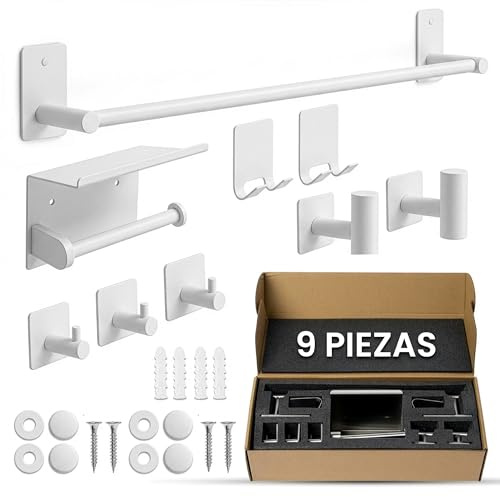 ORZAC® Accessori Bagno Senza Forare Set 9 Pezzi Bianco, Porta Asciugamani e Porta Carta con Adesivo o Viti, Ganci da Parete (BIANCO)