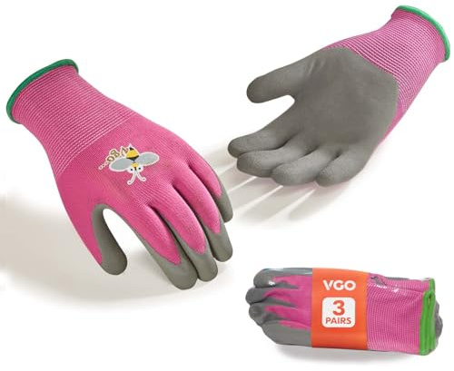 Vgo 3 Paia Bambini Giardinaggio Guanti Età 3-9| Naturale Lattice Grip|Traspirante Cantiere&Sicurezza Guanti Fai Da Te, Lavabile In Macchina Per Gioco All'Aperto (3 Paia,taglia XXS,Viola,RB6013-KID)