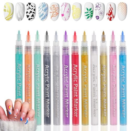 12 Colors Nail Art Pens Set – 0.7mm Acrylic Paint Markers, Quick-Dry Waterproof Nail Polish & Varnish Pens Kit for DIY 3D Graffiti, Drawing & Salon Manicure, High-Brightness & Pigment-Eco-Friendly
