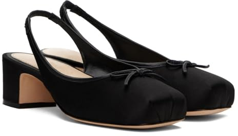 Agodor Slingback Heels for Women Ruched Satin Black Ballet Mary Jane Shoes with Bow Square Toe Ballerina Pumps Low Chunky Block Heels Elastic Rear Strap Comfortable Dress Ballet Shoes US7.5