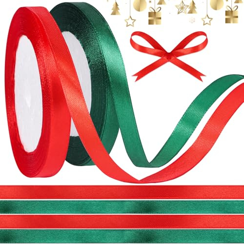Nastro Raso Verde Buio e Rosso 10mmx22m per confezioni regalo, bomboniere, feste di compleanno, decorazioni natalizie