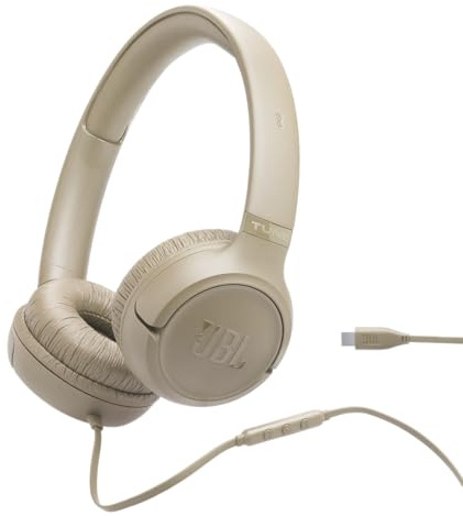 JBL Tune 530 C - Auriculares de Diadema con Cable con micrófono, Sonido JBL de Graves Puros, preajustes de ecualización, conectividad USB-C, diseño Plegable y Cable sin enredos, Mousse de Moca