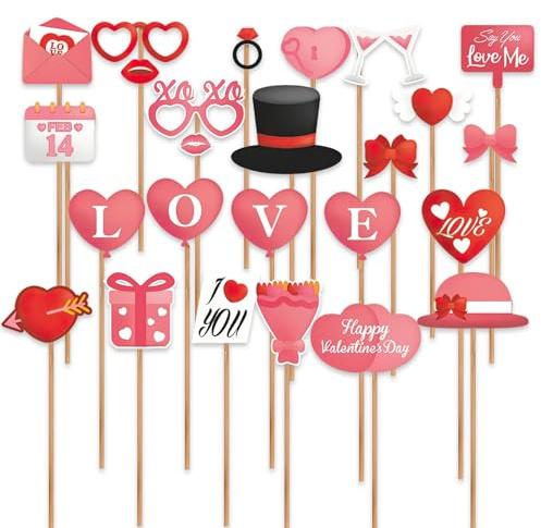 25pcs Valentines Day Selfie Photo Booth Props, Pink Party Props, Heart Glasses Mustache Backdrop Decorations Supplies Wedding for Valentine's Day, Wedding,Anniversary Party Supplies