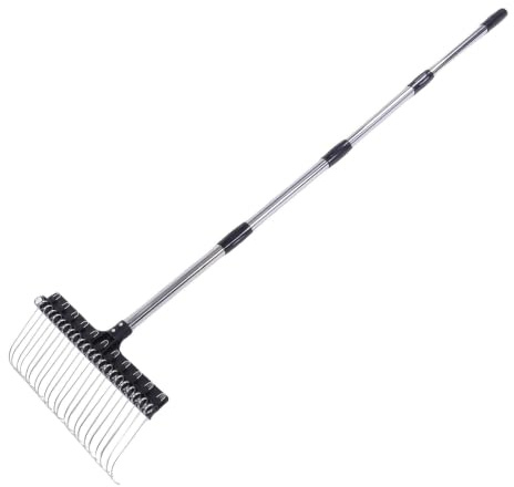 Zerodis Rastrello per Foglie, Rastrello per Foglie in Filo di Acciaio Inossidabile Resistente con Denti a Molla Angolati e Manico Regolabile da 5,2 Piedi per Pacciamatura del Prato