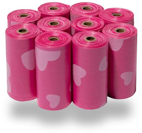 Best Pet Supplies Dog Poop Bags for Waste Refuse Cleanup, Doggy Roll Replacements for Outdoor Puppy Walking and Travel, Leak Proof and Tear Resistant, Thick Plastic - Pink Heart, 150 Bags