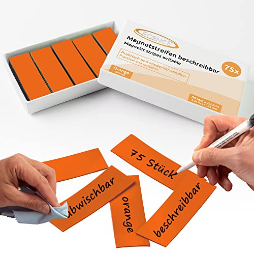 ECENCE Magnetstreifen beschreibbar 75 Stück - 60x20mm - abwischbare Magnetschilder - Magnet-Etiketten zuschneidbar für Whiteboards, Kühlschränke, Magnettafeln - Orange