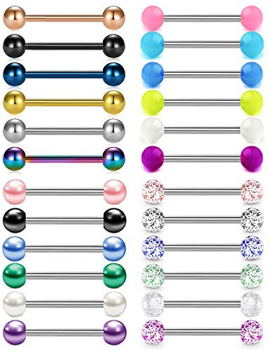 Rajnard Piercing Lengua pezón 24 Piezas 14G 16mm Acero quirúrgico Brillo Bola Luminosa Perla Piercing joyería Mujeres niñas