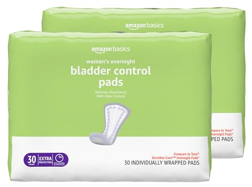 Amazon Basics Incontinence Pads for Women, Postpartum, Bladder Control, Overnight Absorbency, Unscented, with Odor Control, 60 Count (2 Packs of 30)