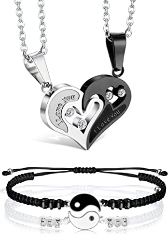 LOLIAS Passende Halskette und Armband für Paare Oder Beste Freunde Ich Liebe Dich Partner Ketten Schmuck Herzkette und Yin Yang Armband Paar Geschenk