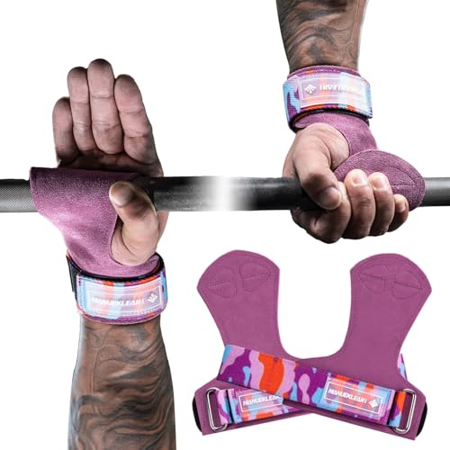 MANUEKLEAR Gewichtheben-Handgelenkbänder mit gepolsterter Handgelenkschlaufe, Leder-Gewichtheben, Handgelenkriemen für Kreuzheben, Powerlifting, Profi Lifting Straps für Frauen (Purple)