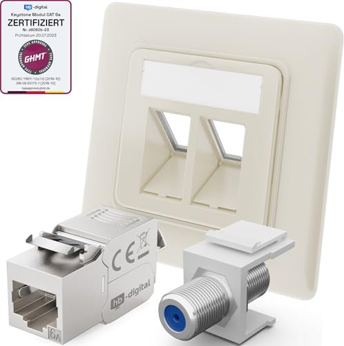 hb-digital 5X Anschlussdose Netzwerkdose LAN Dose Unterputz mit RJ45 Keystone Modul CAT 6a und vernickelt F-Verbinder Keystone F-Buchse Keystone-Halterung Adapter - Reinweiss