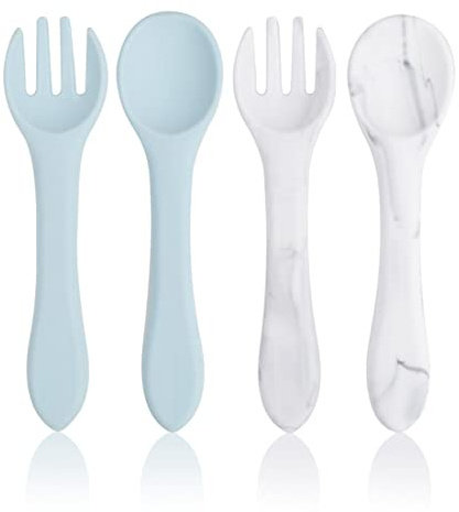 SURALIN 4PCS Set di Posate per Bambini，Set Pappa Svezzamento Cucchiaio in Silicone per Bambini Forchette Bambini Cucchiaino Svezzamento Set Svezzamento