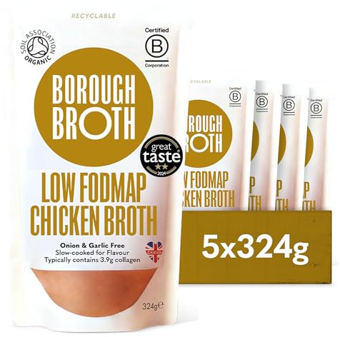 Low FODMAP Chicken Broth by Borough Broth - Organic Bone Broth - Onion & Garlic Free - High in Collagen for Healthy Skin & Joints - High Protein, Low Calorie - Free Range - Delivered Chilled 5 x 324g