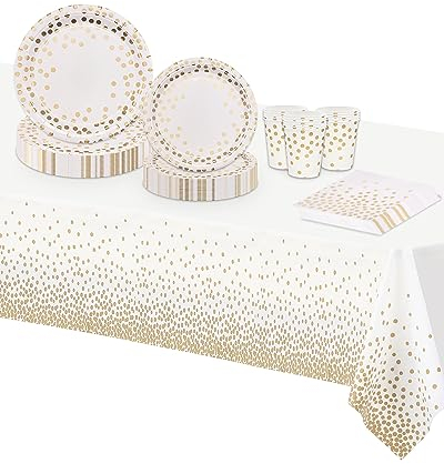 VReder White Champagne Gold Paper Party Tableware Set, Disposable Paper Party Napkins Plates Cups Tablecloth for Men Women Kids Birthday BBQ Engagement Weddings Picnics Christmas Decorations 16 Guests