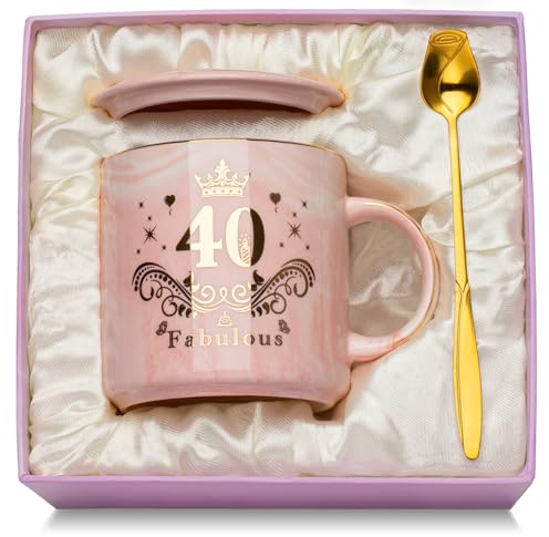 40 Geburtstag Frauen, Geschenk 40 Geburtstag Frau, 400ml Becher mit Golddruck, Lustige Geschenke für 40. Geburtstag Frauen, Marmorierte Keramik Kaffeetasse, mit Deckel, Löffel, Grußkarte, Geschenkbox