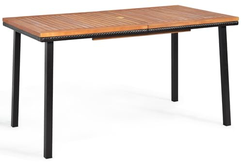COSTWAY Gartentisch mit Schirmloch, 140x75x76cm, Esstisch für 6-8 Personen, Terrassentisch mit Tischplatte aus Akazienholz, rechteckiger Holztisch mit Metallrahmen