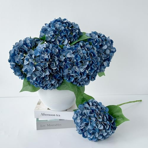 ZYTUYO 5 hortensias artificiales de seda azul oscuro, estilo bohemio, tacto seco, 20 pulgadas, para decoración del hogar, cocina, sala de estar, porche al aire libre, boda, arreglo floral