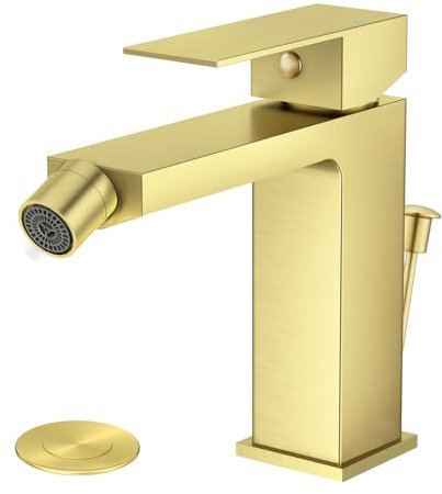 Faustina Rubinetto per Bidet WC con Tirante, Miscelatore Monoelmo Bidet in acciaio inox regolabile con giunto sferico Ottone, Spazzolato Oro