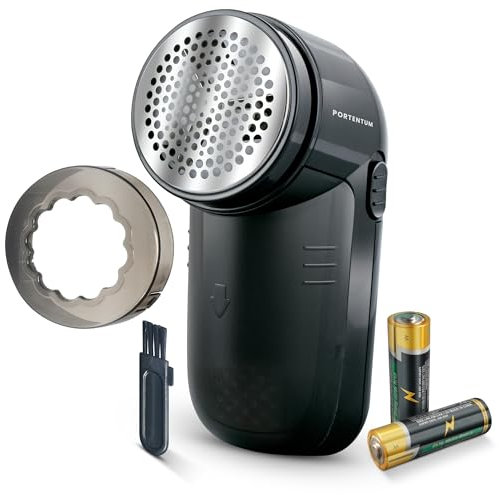 PORTENTUM Rasatura elettrica antipelucchi – Rimuovi-pelucchi per abbigliamento, lame in acciaio inossidabile – Contenitore per pelucchi rimovibile – Batterie INCLUSE – Spazzola per la pulizia
