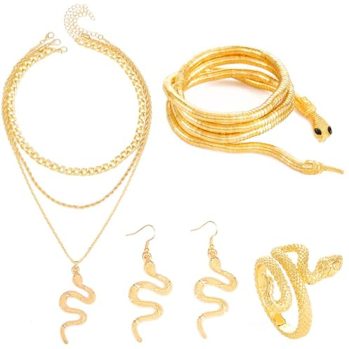 Reaky Snake Jewelry Set Gold Layered Necklace Earrings Medusa Snake Costume Hollween Jewelry for Women (Pack of 4) (4 PCS Gold Necklace Earrings Ring Bracelet)