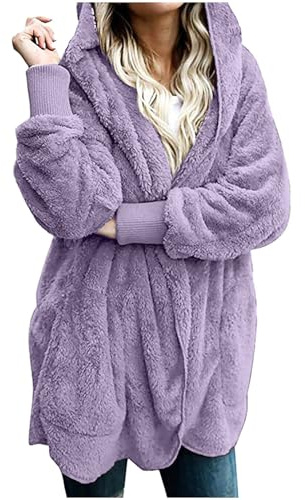 Flodxo Ladies Cardigans Womens Teddy Hoodies Fleece Jackets Winter Warm Coats Oversized Fuzzy Sweatshirts Casual Loose Jumper Outerwear Long Cardigans with Pockets Outercoats UK s Purple XL