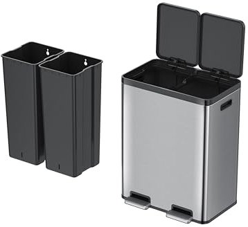 EKO | Cubo de Basura Cocina Reciclaje 30L+30L con Doble Pedal | Papelera Acero Inoxidable Antihuella con Tapa de Resina Elegante | Cubos Separados para Reciclaje y Basura | Diseño Compacto